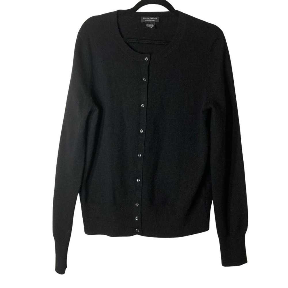 VINTAGE Lord & Taylor black button up cardigan sweater, 100% cashmere, size XL
